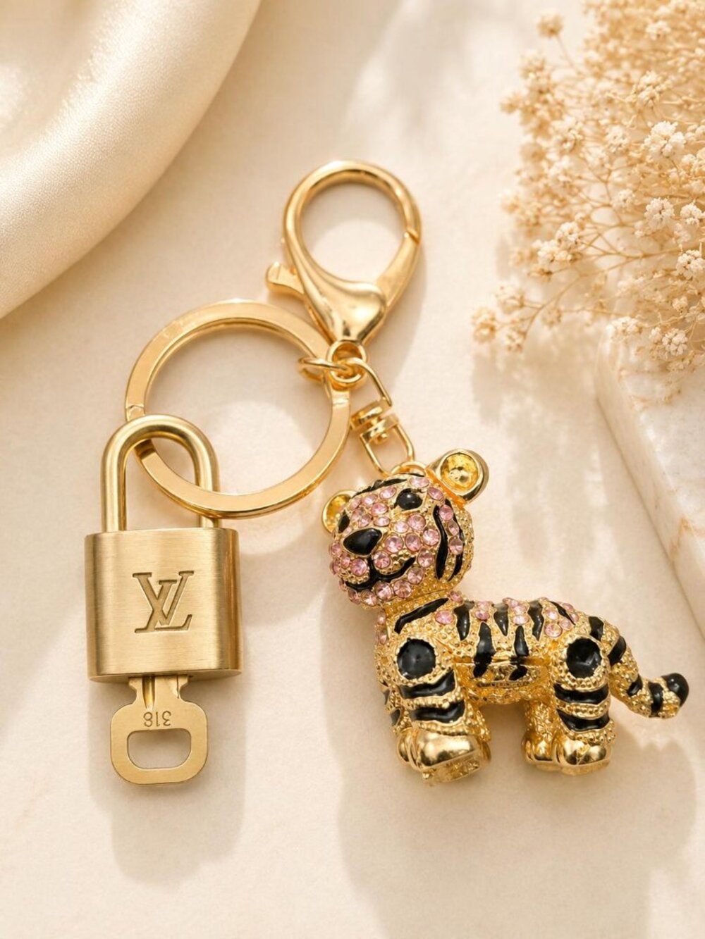 Louis Vuitton Authentic Gold Padlock 🔑 Key + Stylish Unbranded Lion Bag Charm